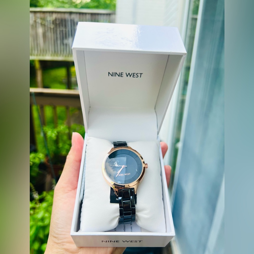 Nine West Women's Black Bracelet Watch with Rose Gold Tone Case